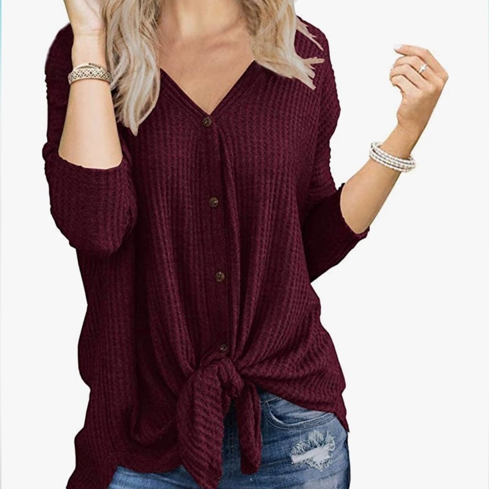 Iwollence Thermal Shirttail Hem Button Down Top Burgundy Size Small